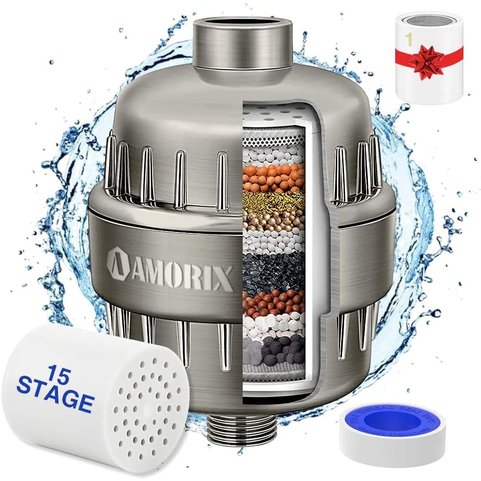 Premium AMORIX shower head filter showing 15-stage filtration layers for hard water treatment. Original packaging included.