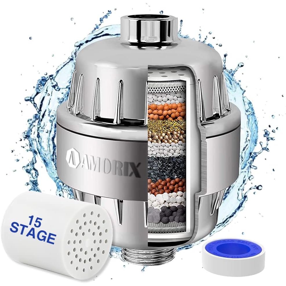 100% genuine shower head filter for hard water, featuring a 15-stage filtration system for optimal water quality.