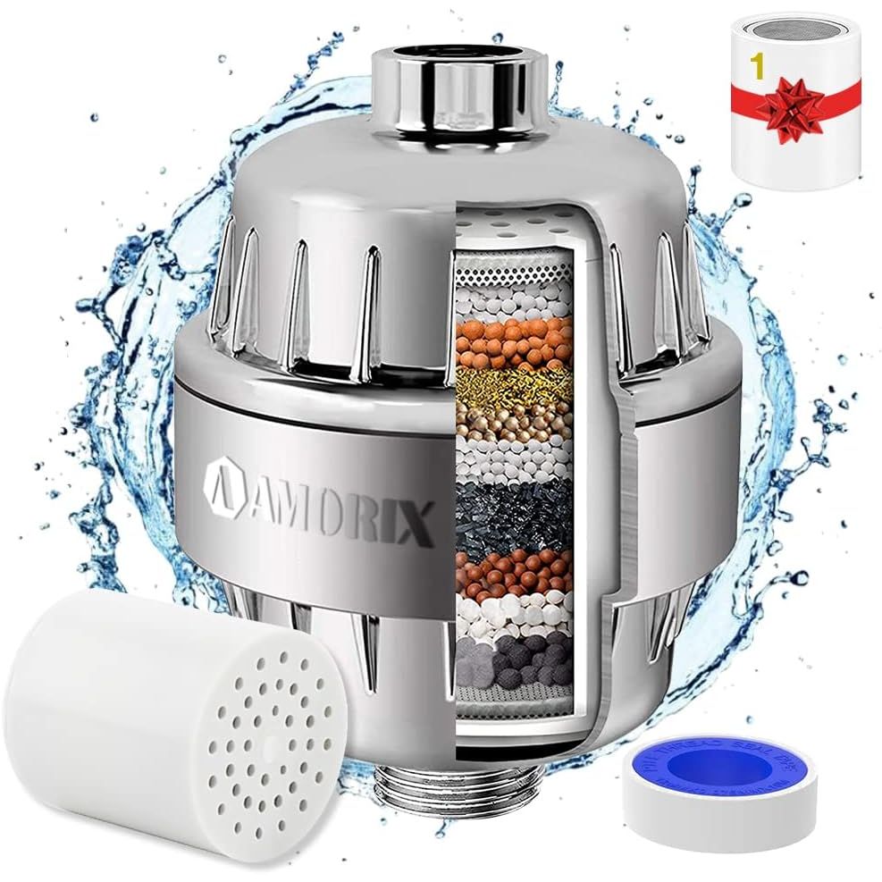 AMORIX shower head filter designed for hard water, featuring a see-through design showcasing its filtration layers and original packaging.