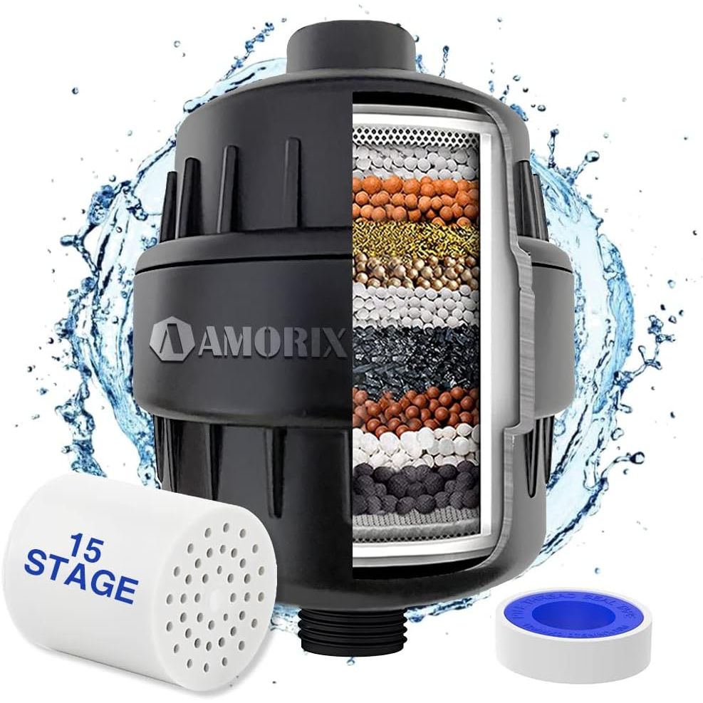 Premium imported 15-stage shower head filter designed to purify hard water for a refreshing bathing experience.