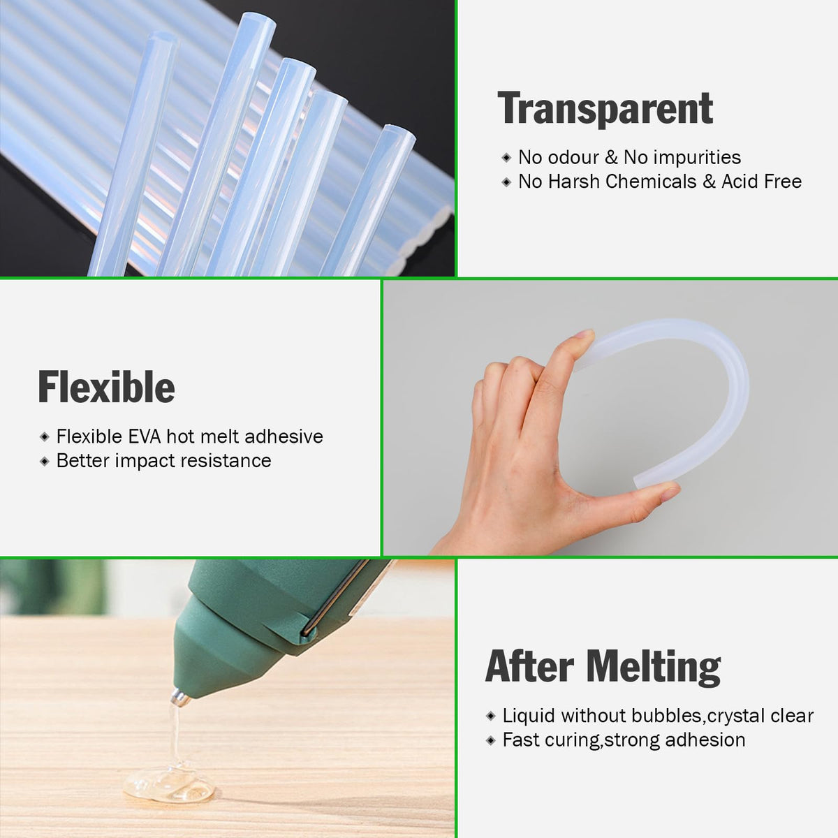 High-quality transparent hot glue sticks for glue guns, offering flexibility and strong adhesion. Available at Curat Cart.