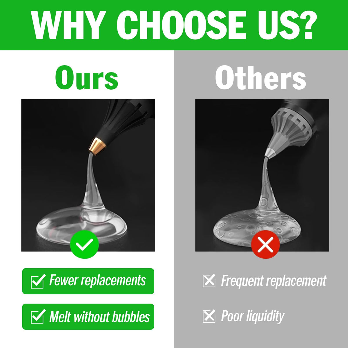 Specially curated by Curat Cart, this visual highlights the superior quality of hot glue sticks that melt without bubbles, ensuring fewer replacements.