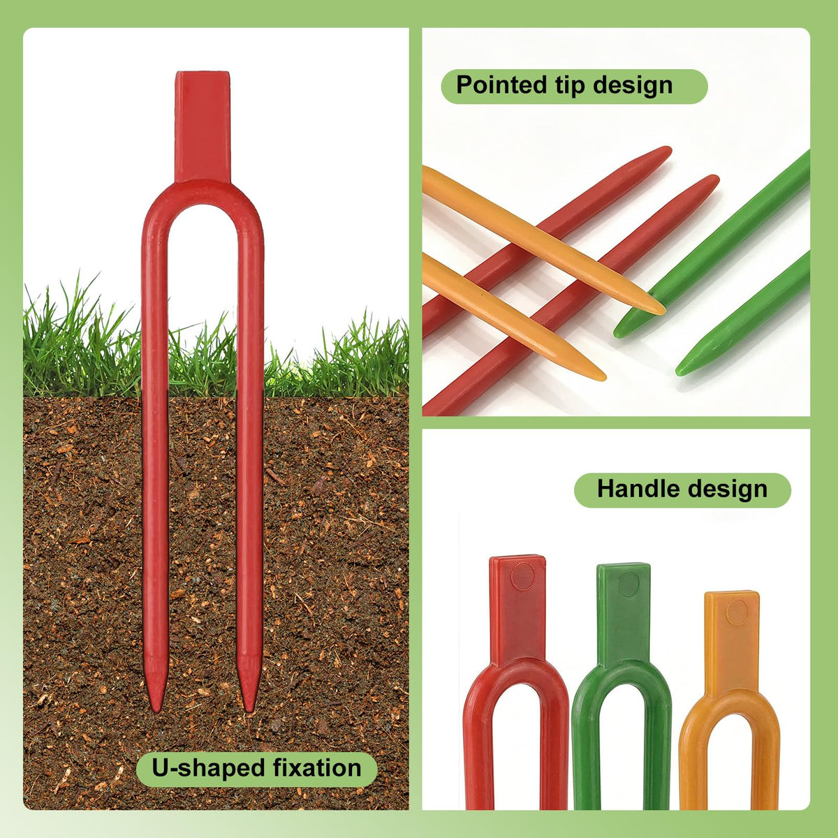 High-quality reusable U-shaped garden pins with pointed tips and ergonomic handles, available at Curat Cart.
