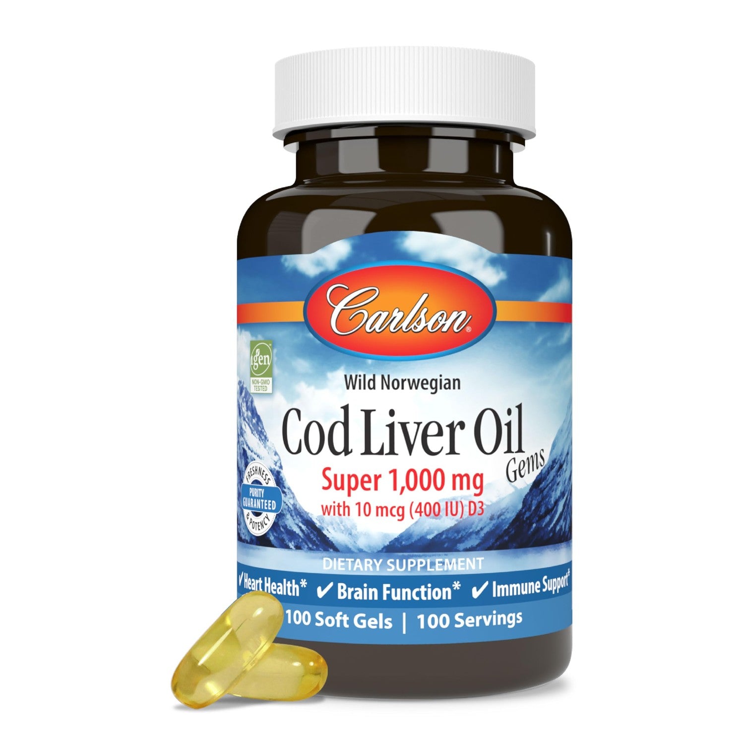 Carlson Cod Liver Oil Gems, Super 1000 mg, 250 mg Omega-3s, 100 Softgels | 400 IU (10 mcg) Vitamin D3; Wild Caught Norwegian Arctic Cod Liver Oil; Nordic Fish Oil Capsules