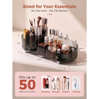 Premium imported rotating makeup organizer fits up to 50 bottles, ideal for cosmetics, skincare, brushes, and toiletries.
