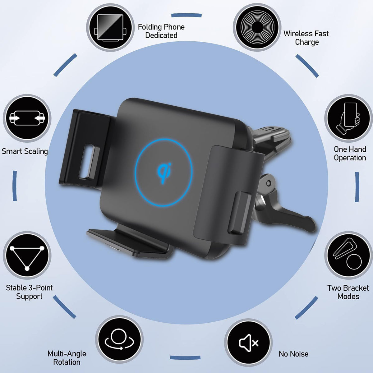Discover the 15W Qi Wireless Car Charger Mount featuring smart scaling, stable support, and no noise for seamless charging.