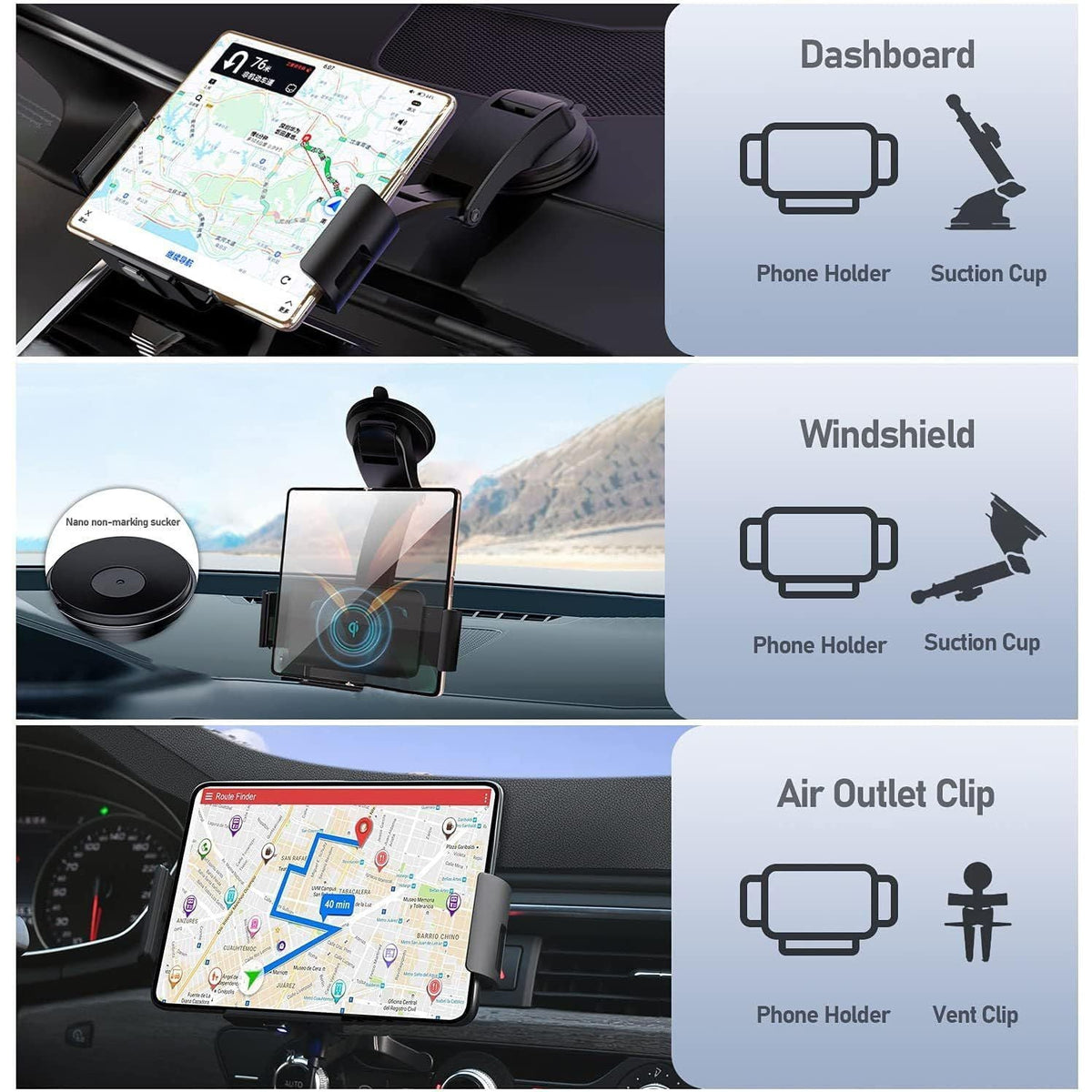 Premium imported 15W Qi wireless car charger mount for dashboard, windshield, and vent use. Ideal for seamless navigation.