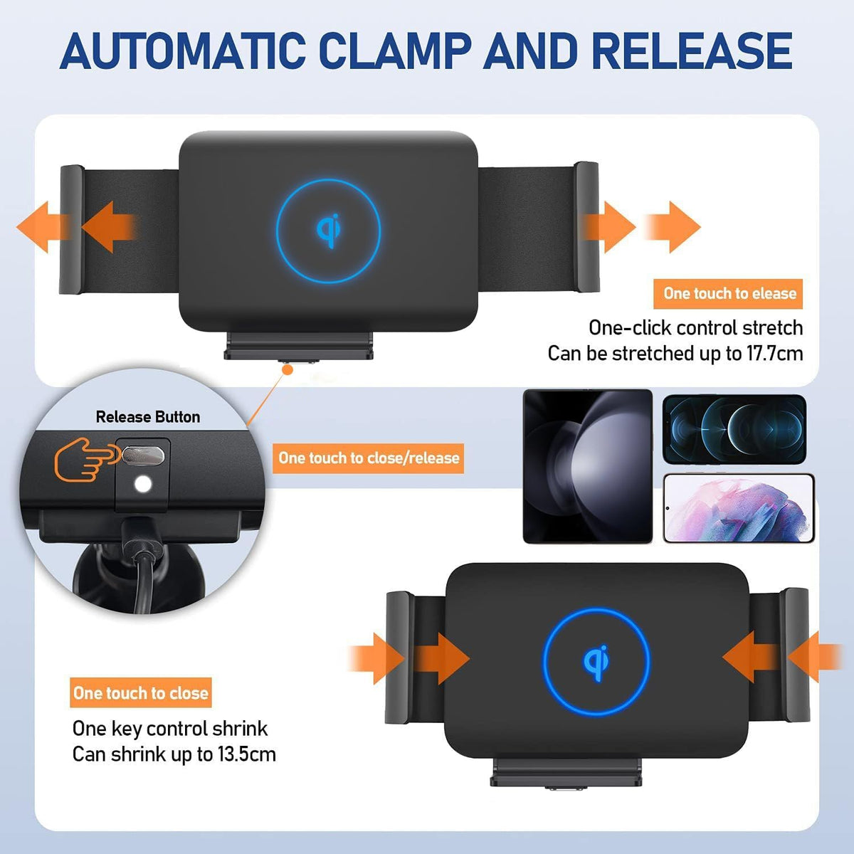 15W Qi Wireless Car Charger Mount features automatic clamp and release. Verified by CuratCart for trusted quality.