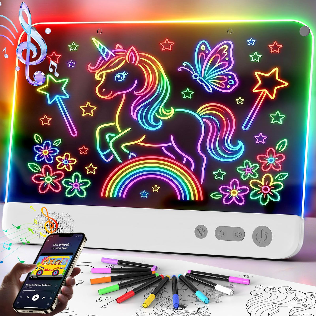 Illuminate creativity with this premium imported LED Drawing Board from Curat Cart, featuring colorful unicorn and butterfly designs.