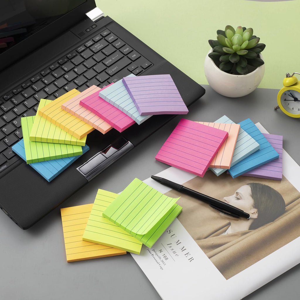 Brightly colored lined sticky notes, specially curated by Curat Cart, perfect for organizing thoughts and enhancing productivity.