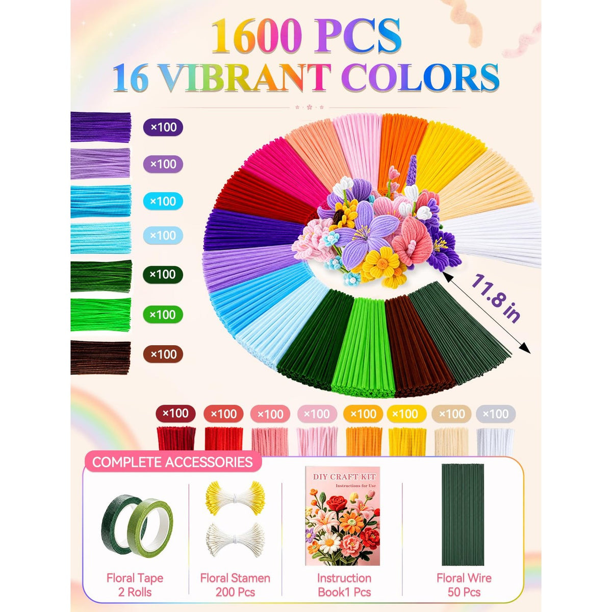 Vibrant pipe cleaners in 16 colors, 1600 pcs available at Curat Cart, perfect for crafts. 100% authentic and trusted in India.