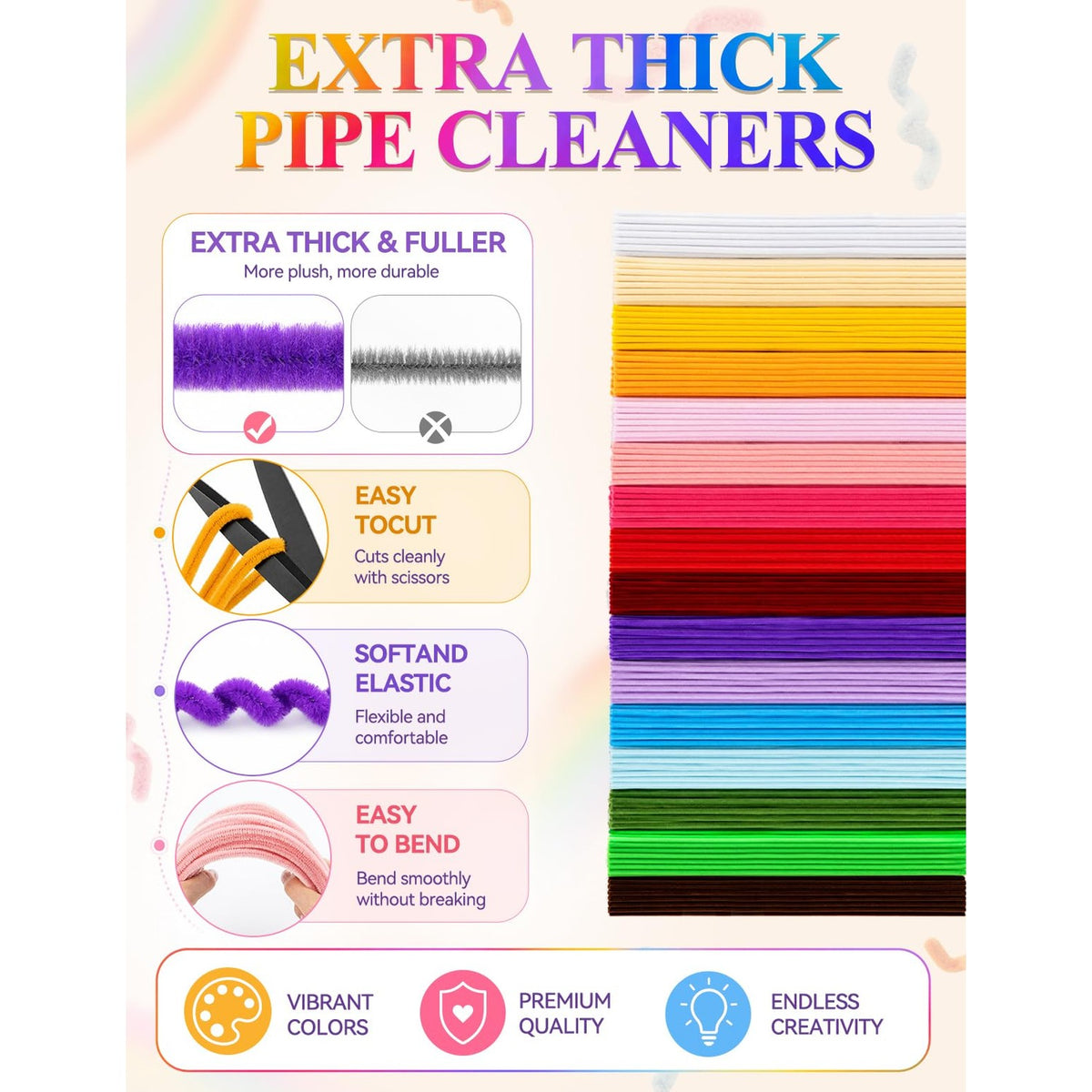 Extra thick pipe cleaners in vibrant colors, specially curated by Curat Cart for endless creativity. Perfect for crafts and DIY projects.
