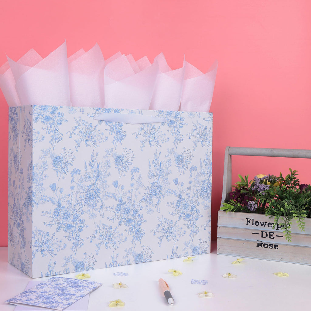 Extra Large Blue Floral Gift Bag, ideal for special occasions. Elevate your gifting with Curat Cart's premium selection.