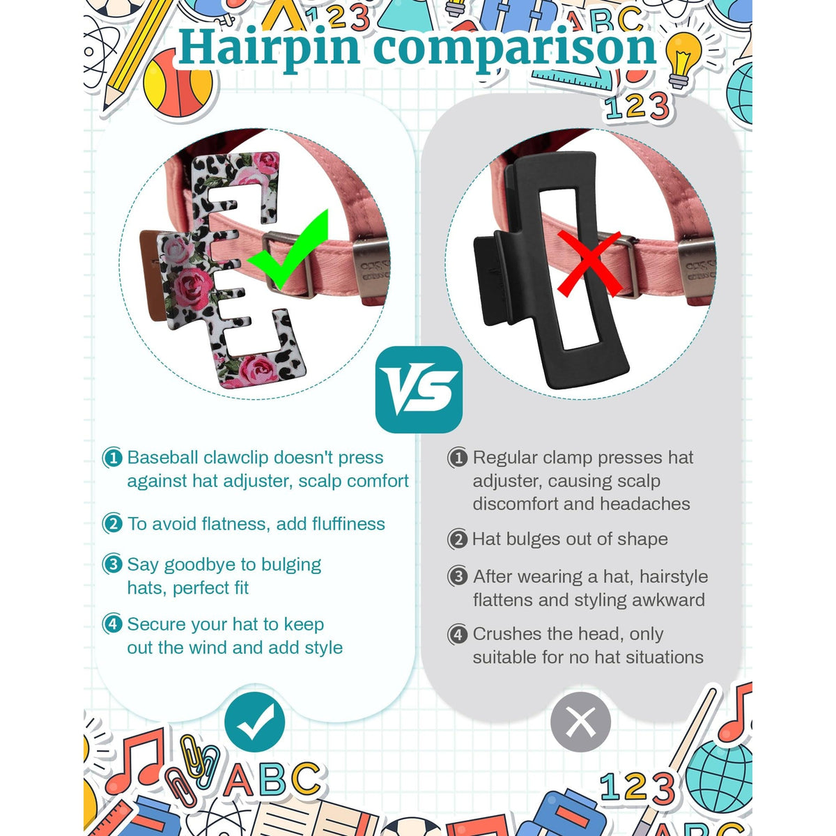 Comparison of hat-friendly claw clips vs regular hairpins, highlighting comfort and functionality.