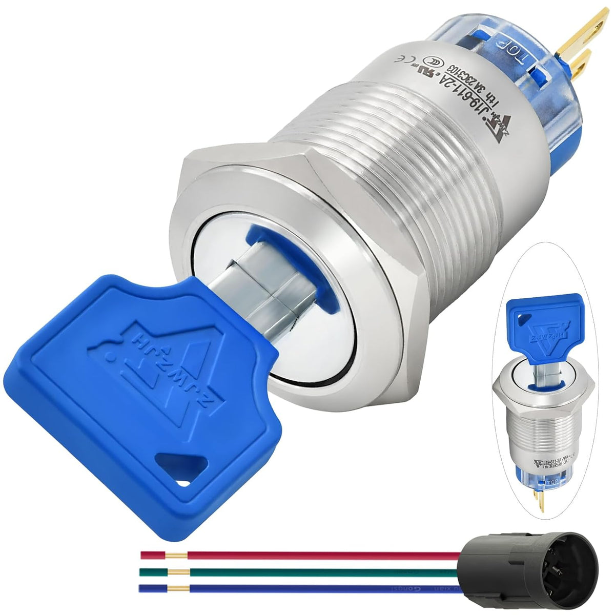 Genuine Key Switch 3 Position Rotary with blue key and connectors, ideal for secure control applications.
