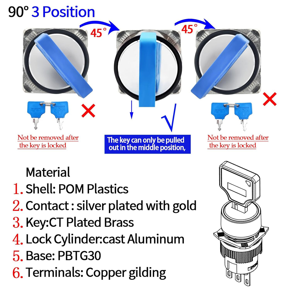 Discover the 90-degree 3-position rotary key switch featuring a sturdy design, brass key, and silver-plated contacts for reliable performance.