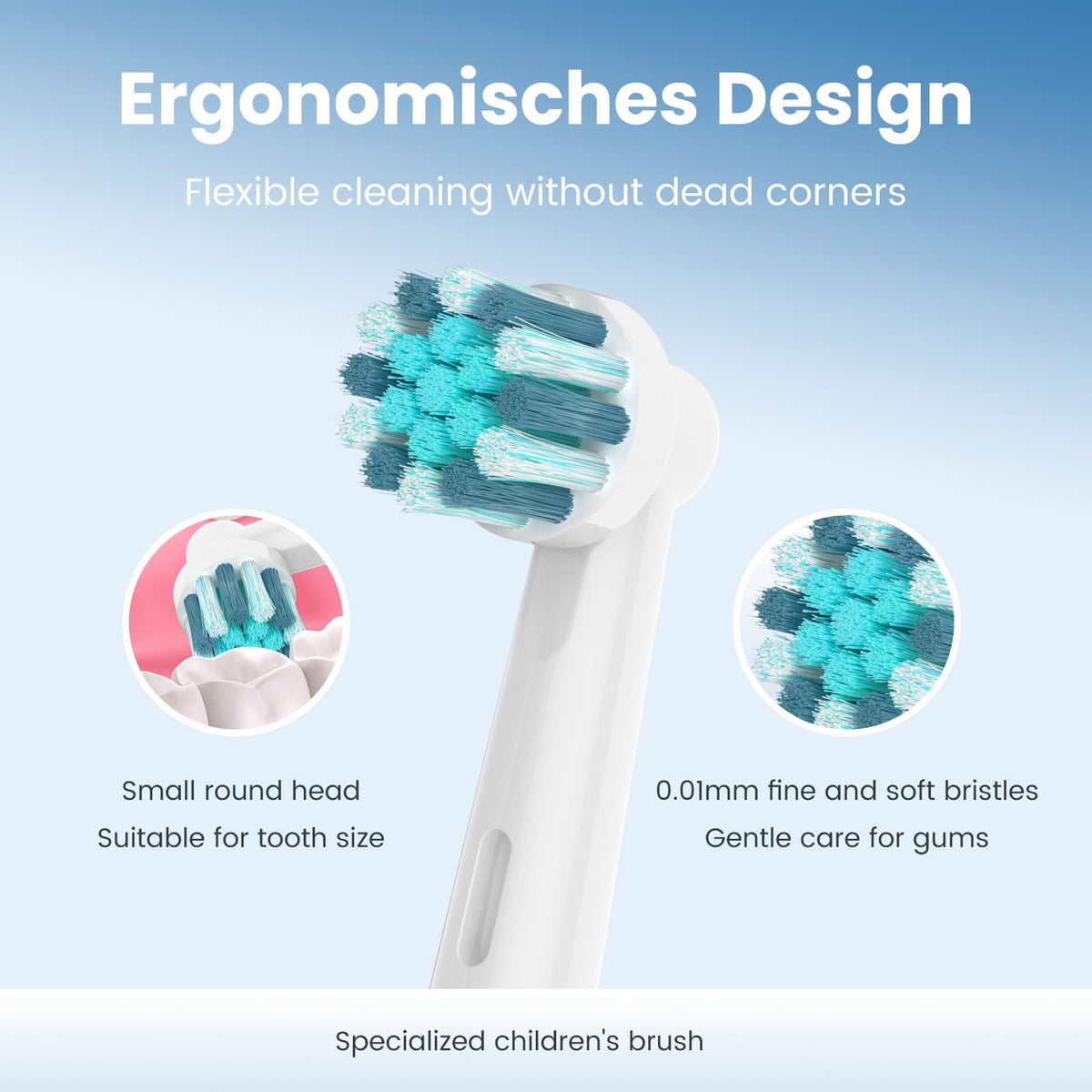 Braun Oral B Kids Toothbrush Heads feature a small round head and soft bristles for gentle gum care. Available at Curat Cart.
