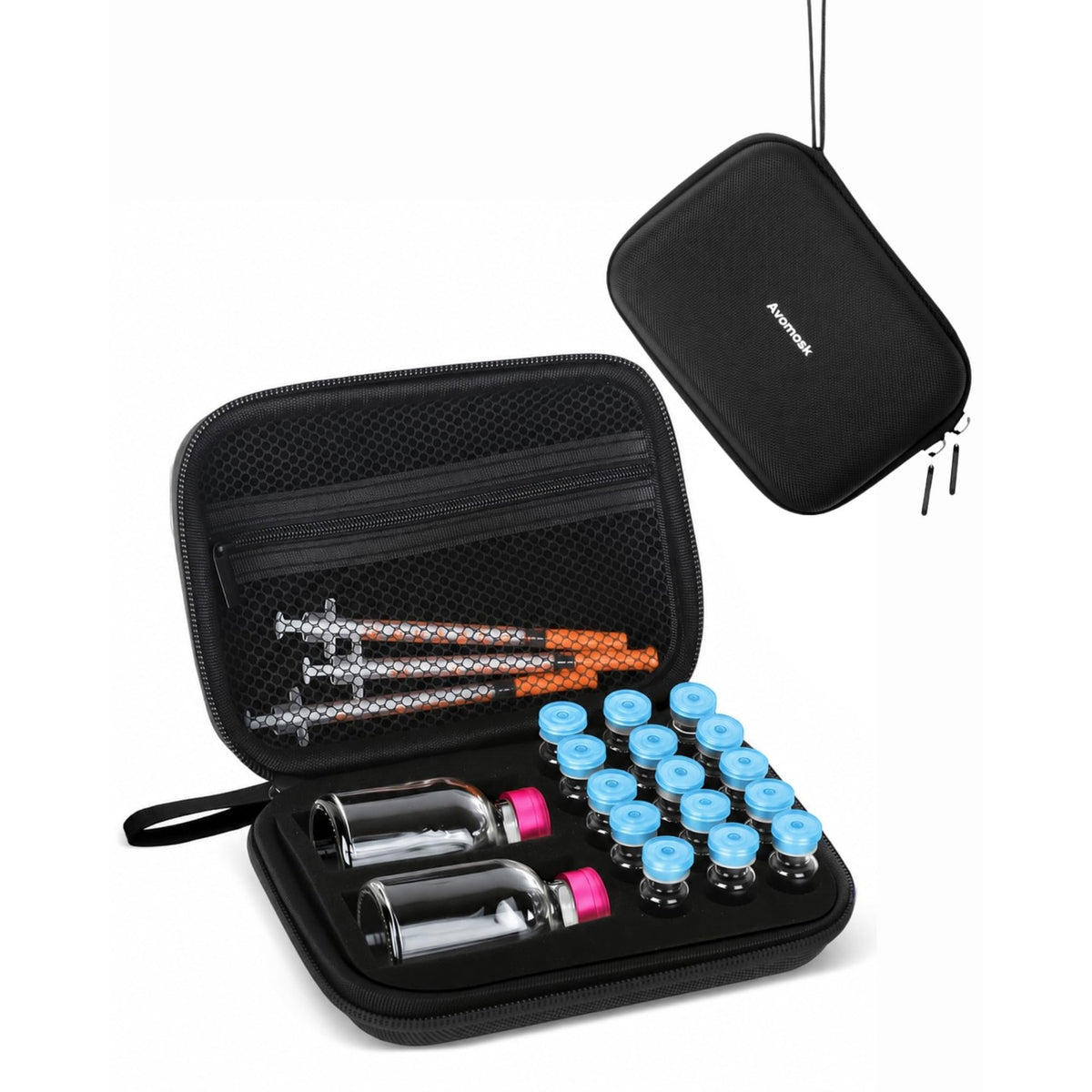 Premium imported peptide storage case for travel, featuring secure compartments for vials and syringes. Available at Curat Cart.