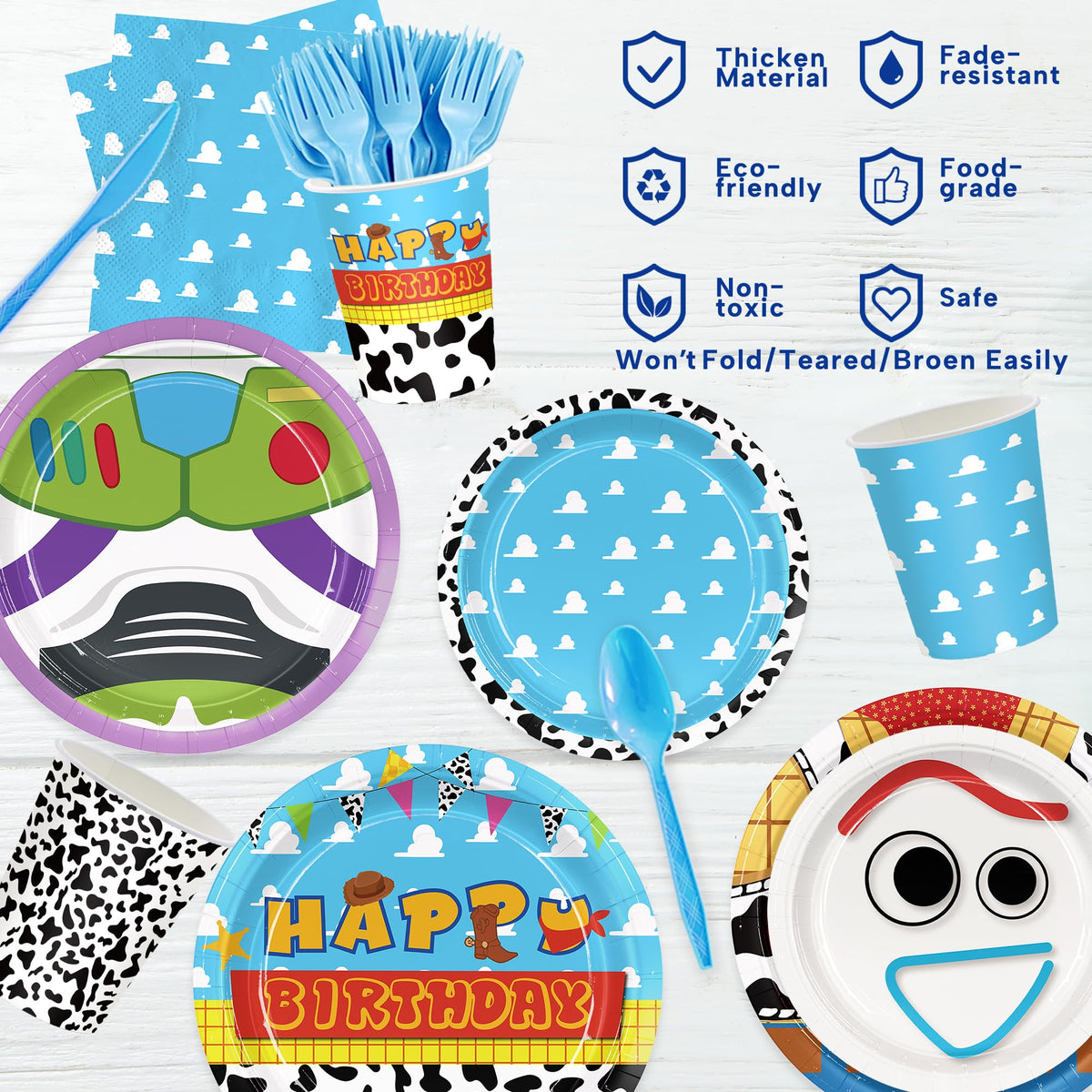 Vibrant Toy Birthday Party Supplies featuring eco-friendly, food-grade materials in official packaging, available at Curat Cart.
