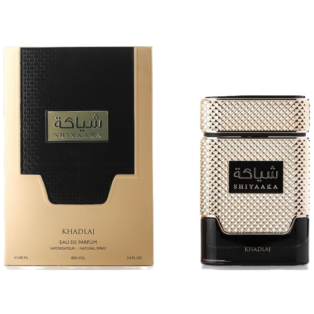 Khadlaj Shiyaaka Snow perfume displays elegant packaging with a textured gold and black design, 3.4 fl oz.