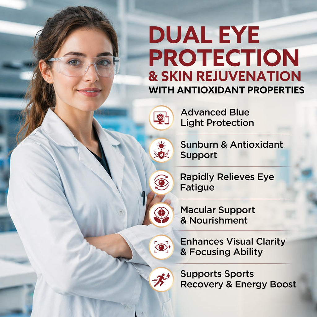 Astaxanthin Lutein Zeaxanthin supplements for eye protection and skin rejuvenation, available at Curat Cart for 100% authentic health support.