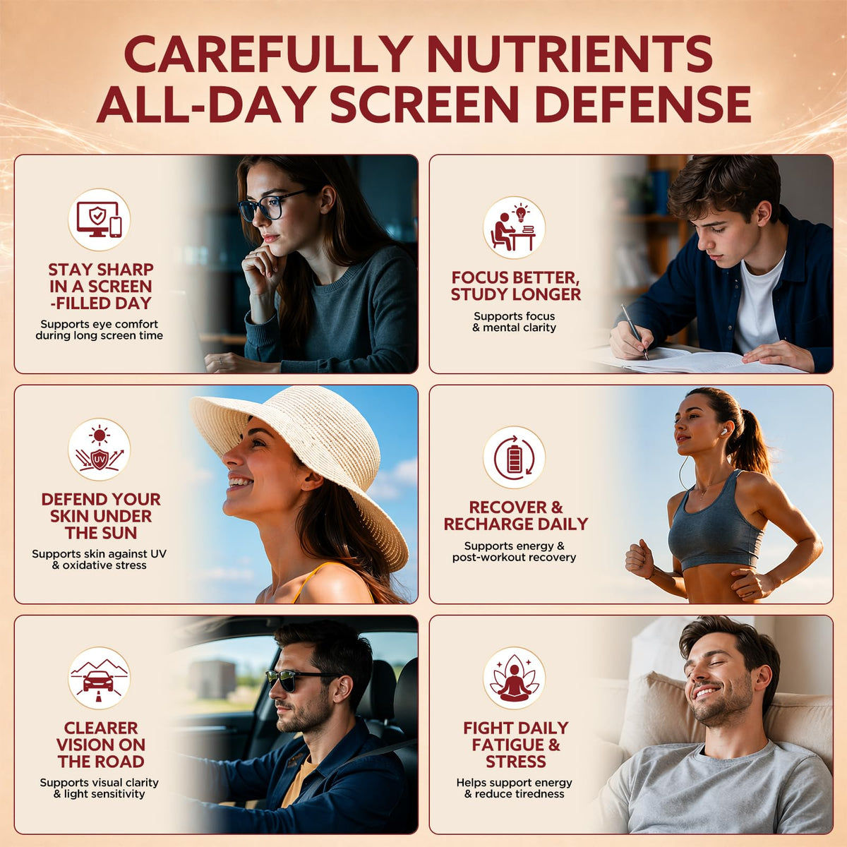 Astaxanthin, Lutein, and Zeaxanthin supplements in official packaging from Curat Cart, supporting eye health and screen defense.