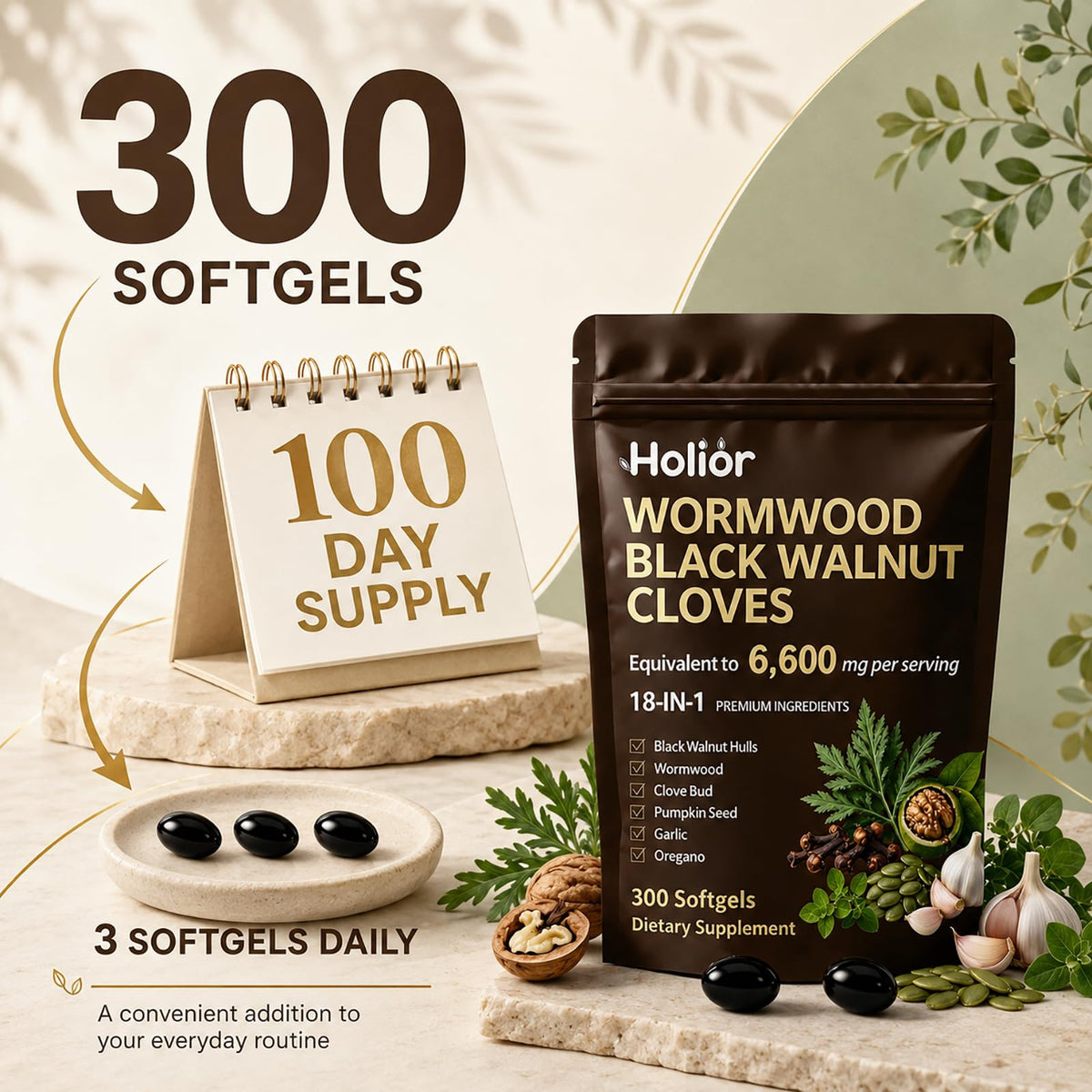 Discover Wormwood Black Walnut Cloves Softgels, a special 300 count supply from Curat Cart, enhancing your daily wellness routine.