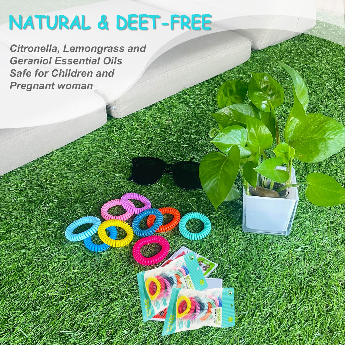 Natural mosquito repellent bracelets and patches in official packaging, featuring citronella and essential oils. Available at Curat Cart.