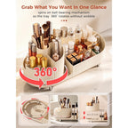 Booklov Rotating Makeup Organizer spins 360°, showcasing ample space for beauty products. Verified by CuratCart for trusted quality.