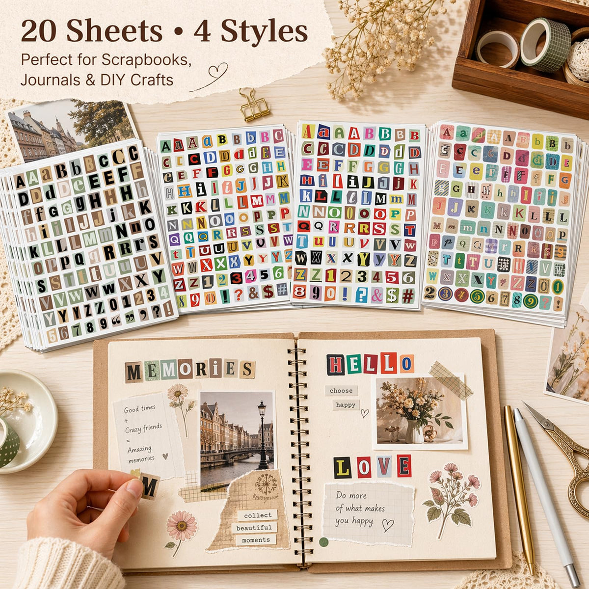 Scrapbook Letter Stickers Alphabet available at Curat Cart, featuring 20 sheets in 4 styles, perfect for creative projects in India.