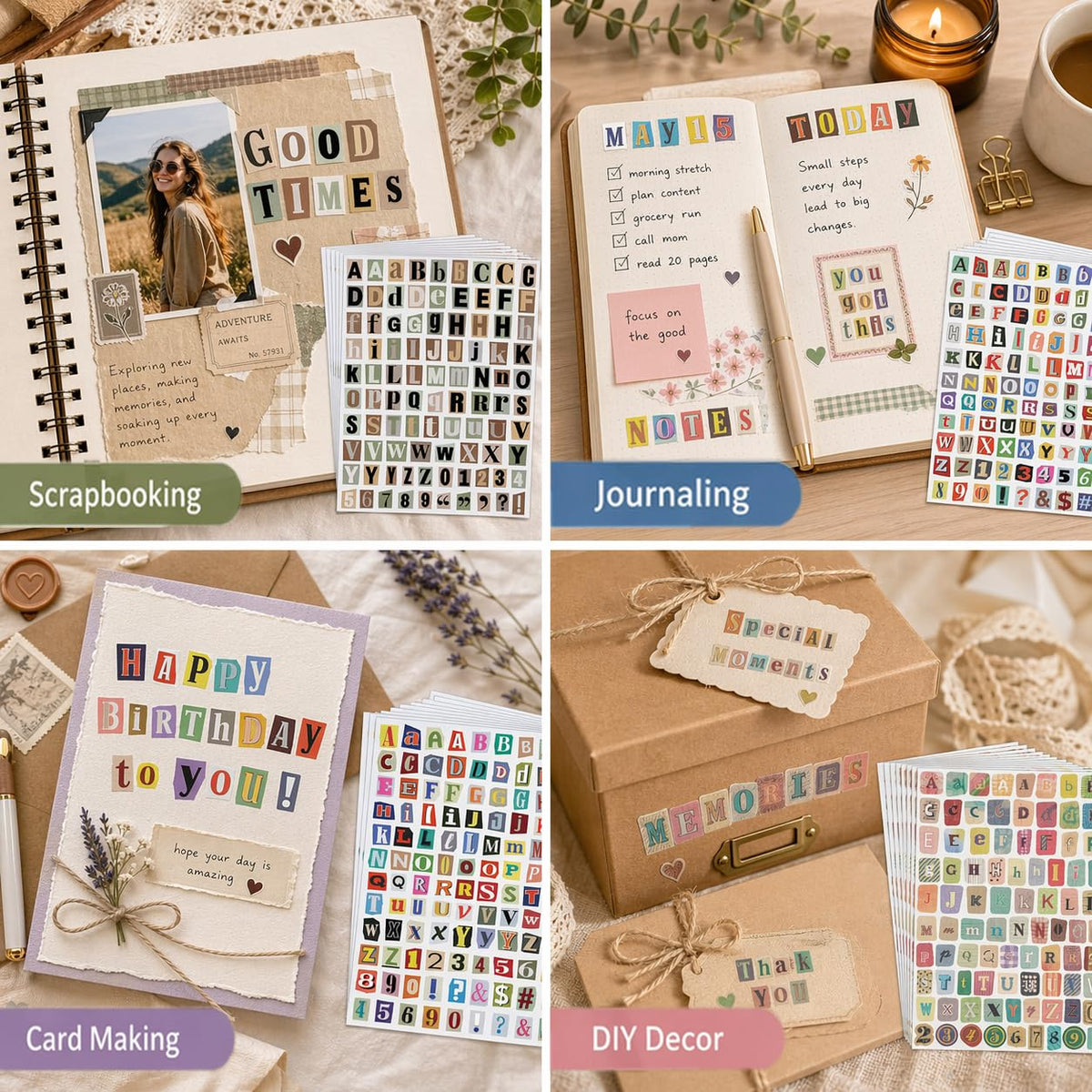 Colorful Scrapbook Letter Stickers Alphabet in high-quality packaging, perfect for journaling and DIY projects. Available at Curat Cart.