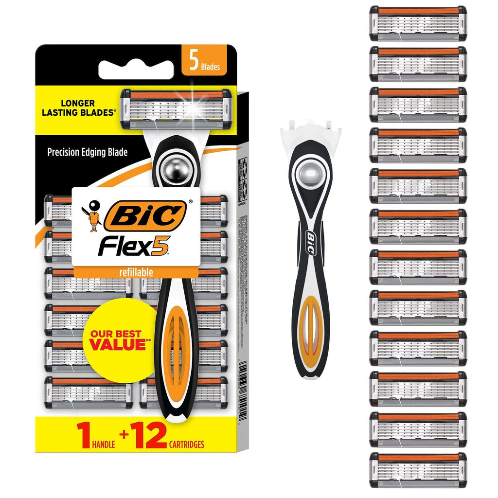 BIC Flex 5 Men's Refillable 5-Blade Razors with 7 Cartridges | Lubricating Strip with Aloe and Vitamin E, Pivoting Head, Precision Edging Blade, 8-Piece Shaving Kit