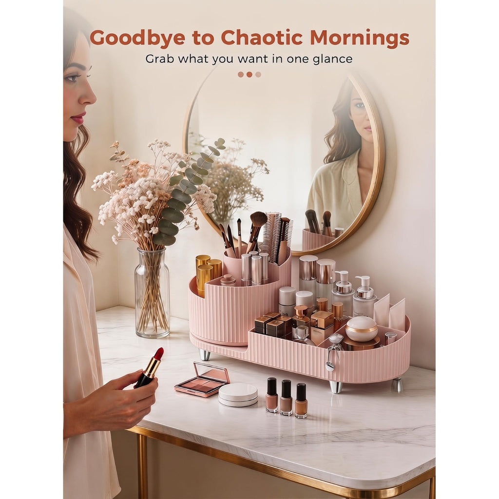 Premium imported Booklov rotating makeup organizer features elegant design, ideal for a tidy vanity setup, enhancing morning routines.