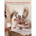 Premium imported Booklov rotating makeup organizer features elegant design, ideal for a tidy vanity setup, enhancing morning routines.
