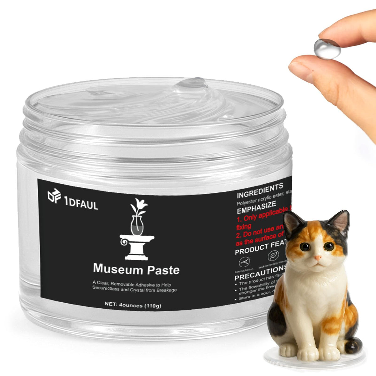 Premium imported 1DFAUL Exhibits Fix Gel, a clear adhesive for securing objects, available at Curat Cart. Perfect for art preservation.
