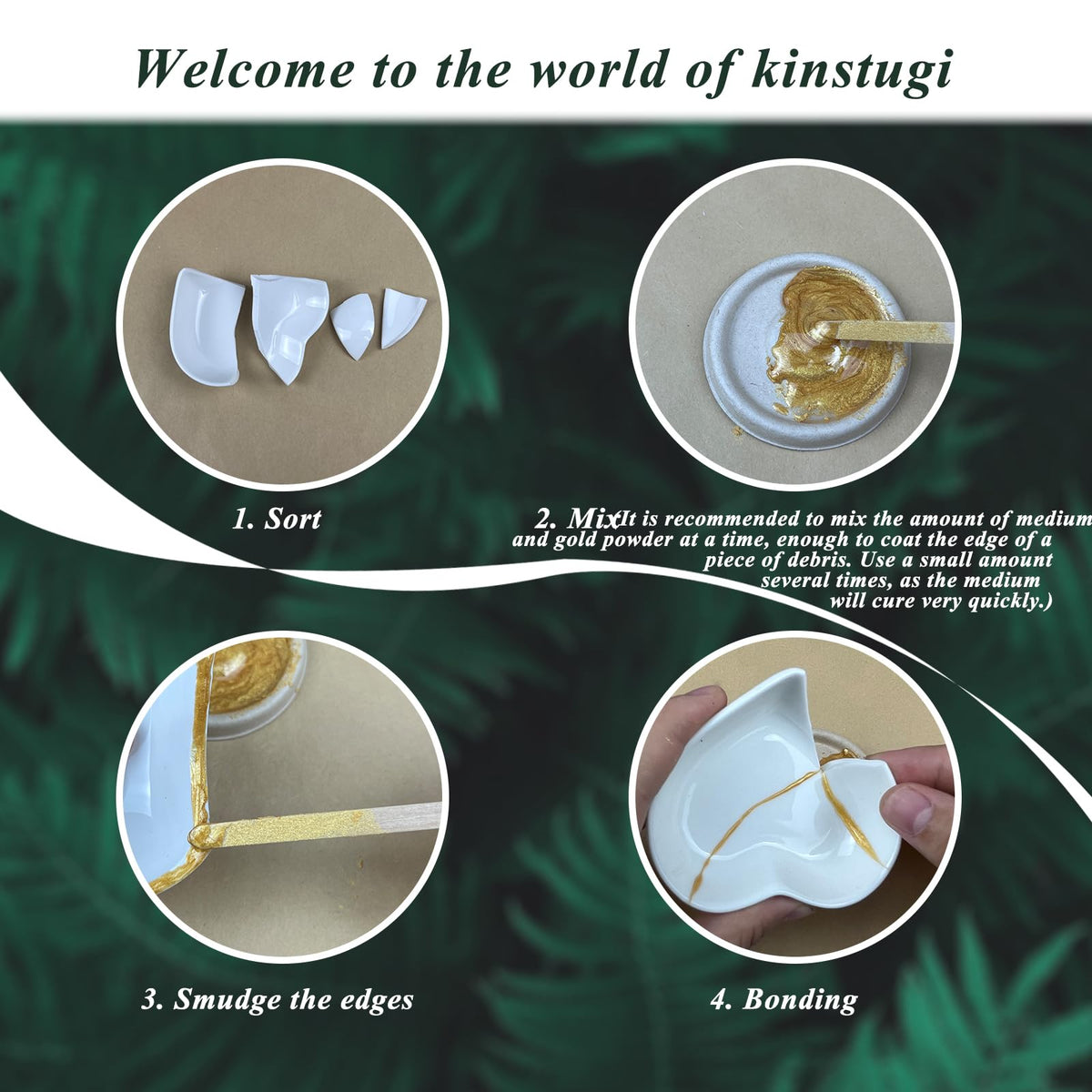 Discover the Kintsugi Repair Kit Gold, featuring easy-to-follow steps for restoring your ceramics. 100% Authentic, available at Curat Cart.