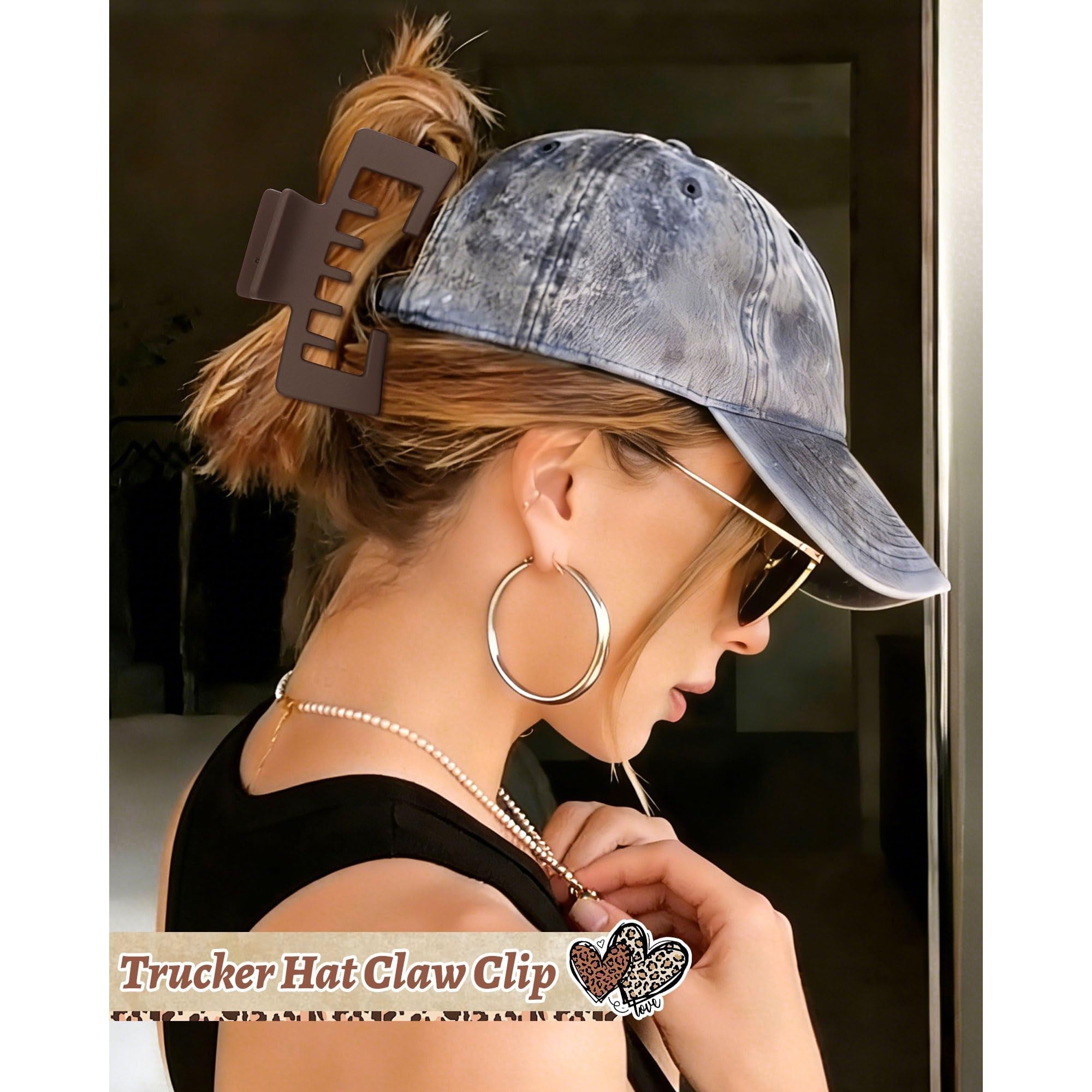 Authentic hat-friendly claw clip for secure hair hold, ideal for wearing with a baseball cap. Perfect for stylish convenience.