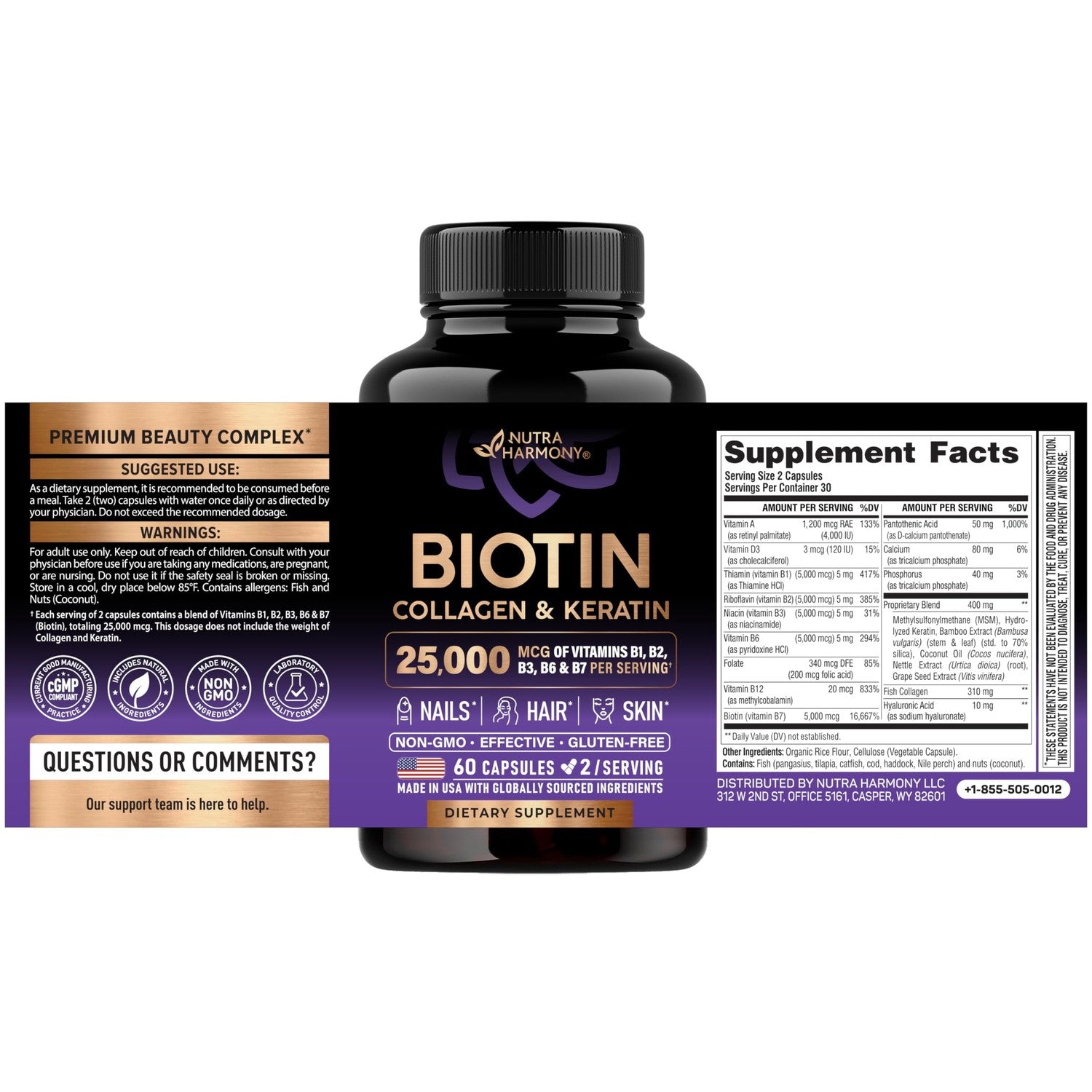 Biotin, Collagen, Hyaluronic Acid & Keratin - Hair Growth Support - 60 Caps | Hair, Skin & Nails Vitamins - Clinically Tested Supplement for Men & Women - 25000mcg Vitamins B1, B2, B3, B6 & B7