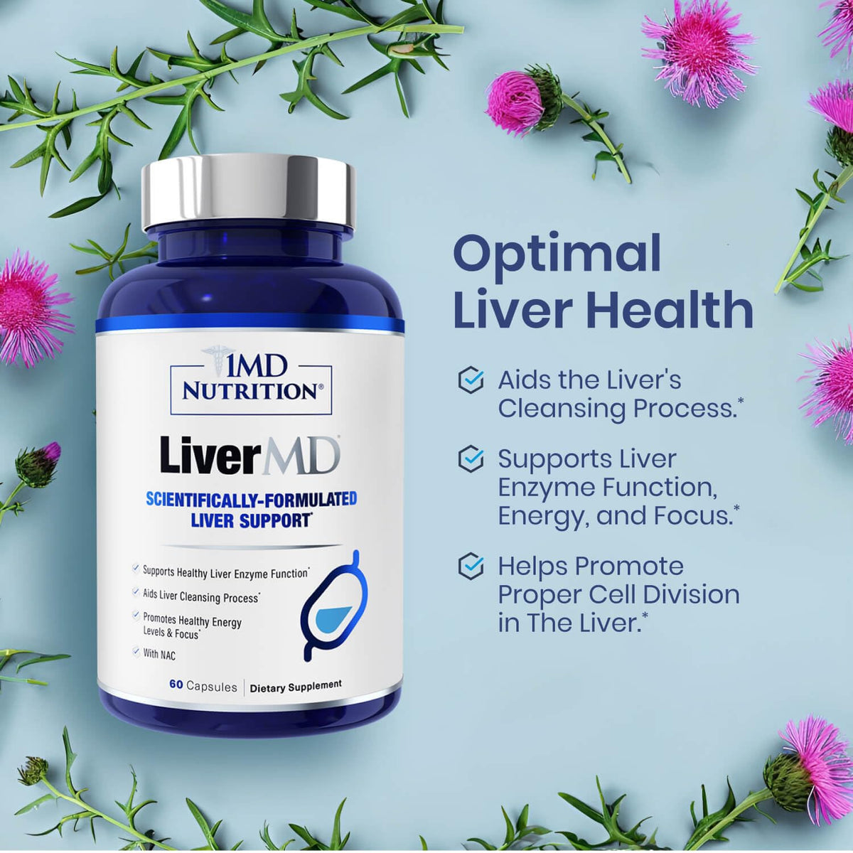 1MD Nutrition Liver Support Supplement bottle, verified by CuratCart, promotes optimal liver health and energy.