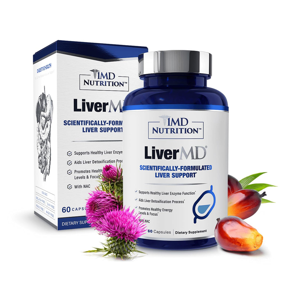 1MD Nutrition Liver Support contains 60 capsules in a blue bottle, promoting liver health and detoxification.