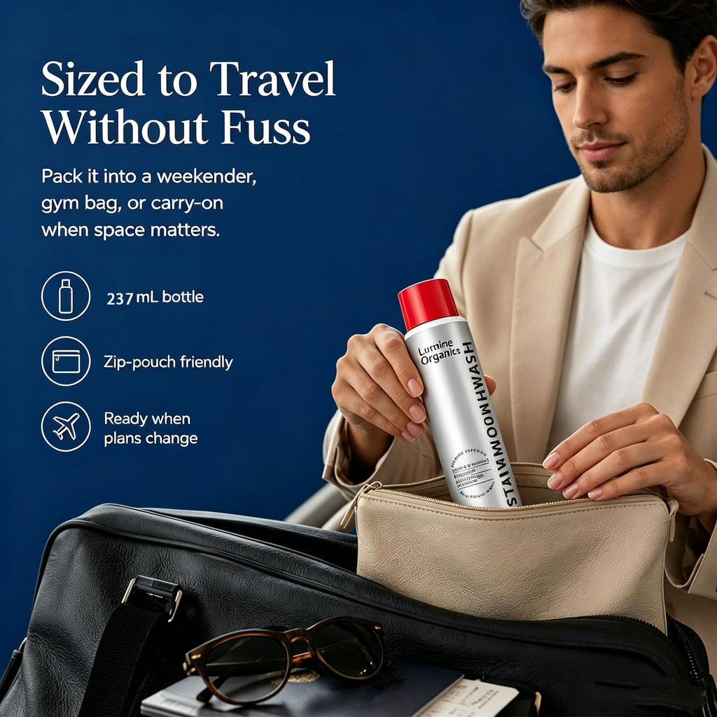 Lumine Organics Mouthwash Rinse in a 237 mL bottle, specially curated by Curat Cart for convenient travel and fresh breath.