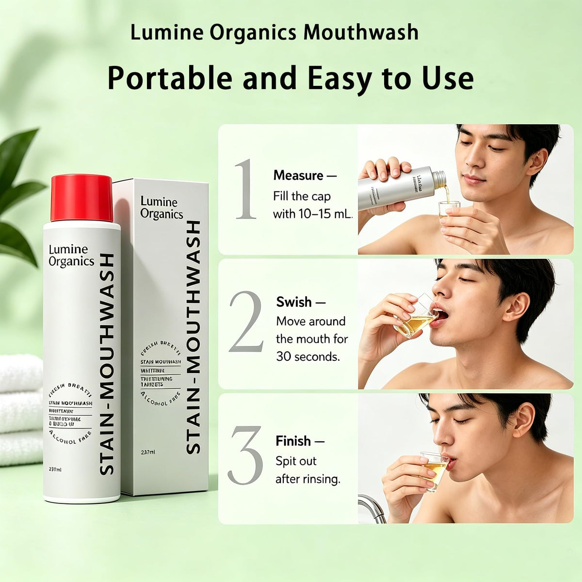 Lumine Organics Mouthwash Rinse showcases official packaging, highlighting its portable design for easy use. Available at Curat Cart.