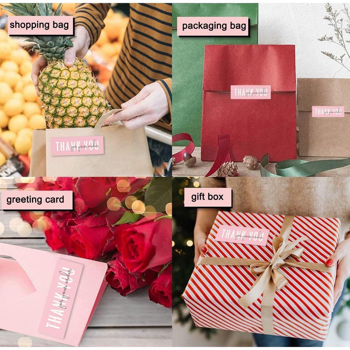 Stylish 'Thank You' stickers showcased on various gift packaging, enhancing trust. Available at Curat Cart in India.