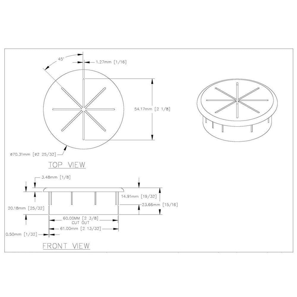 Official product illustration of a black flexible desk grommet, showcasing dimensions and design features for easy installation.