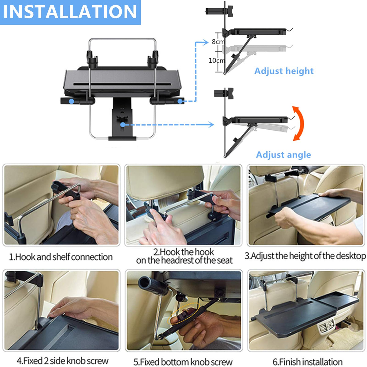 Step-by-step guide for installing a car steering wheel tray, showcasing adjustable height and angle features.