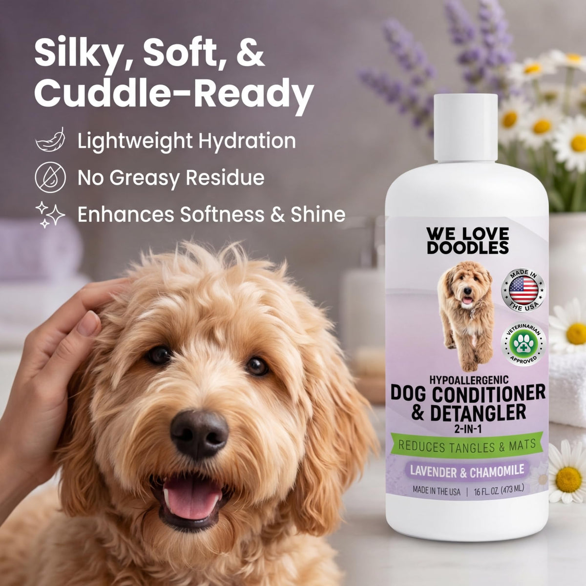 Lavender Dog Conditioner Detangler, ideal for daily use to enhance softness and shine. Available at Curat Cart.