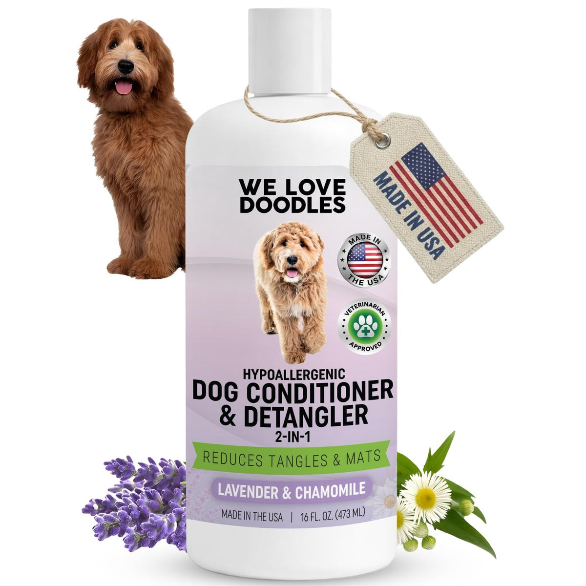 Hypoallergenic Dog Conditioner Detangler Lavender from Curat Cart, a premium import that reduces tangles and mats for your pet's comfort.