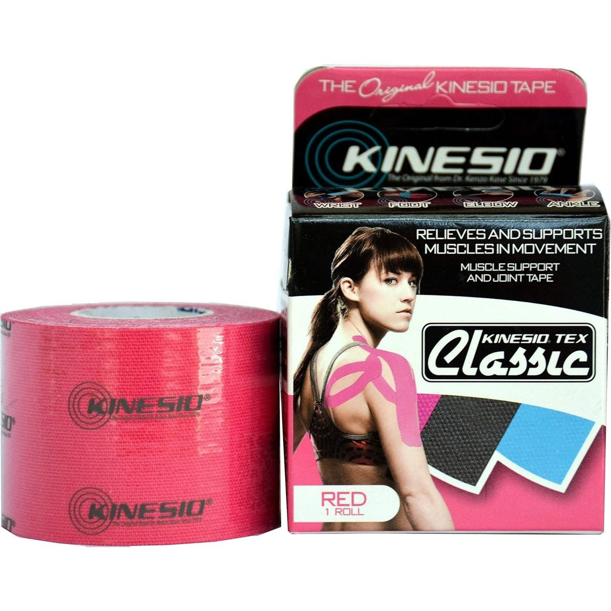 Discover the authentic Kinesio Tex Classic tape in red, designed to support muscle movement and joint pain relief.