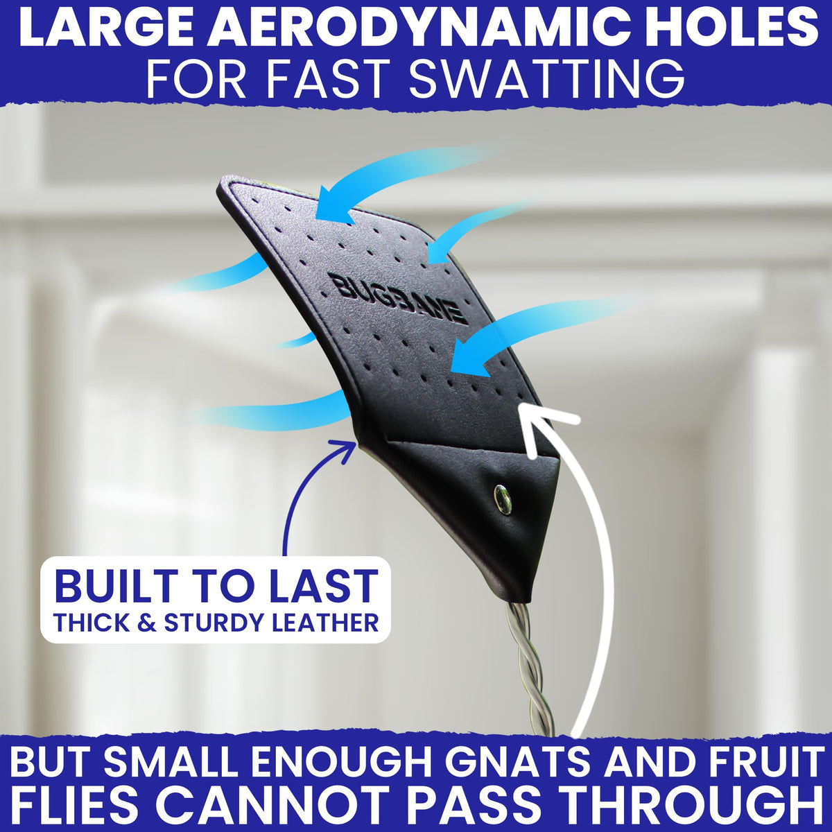 Heavy duty leather fly swatter with large holes for fast swatting, specially curated by Curat Cart for effective pest control.