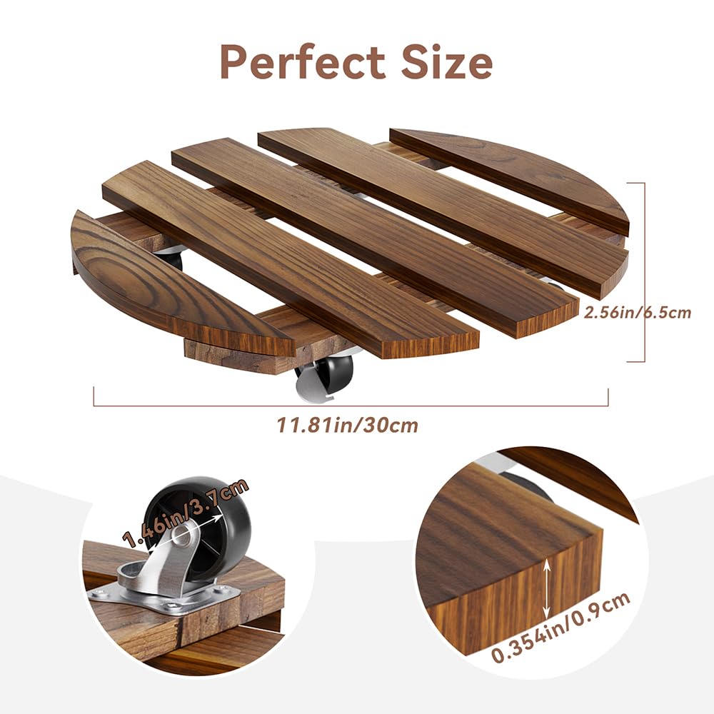 Elegant wood plant caddy with wheels, perfect for indoor use. 100% Authentic and available at Curat Cart in India.